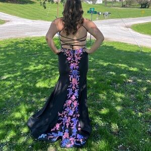 Chic Black and Pink Floral Backless Prom Dress